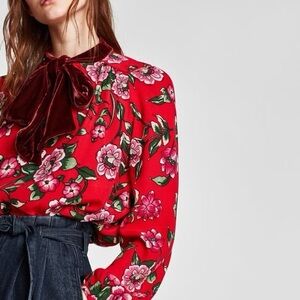 Zara Red Floral Velvet Bow tie Blouse Sz: Med